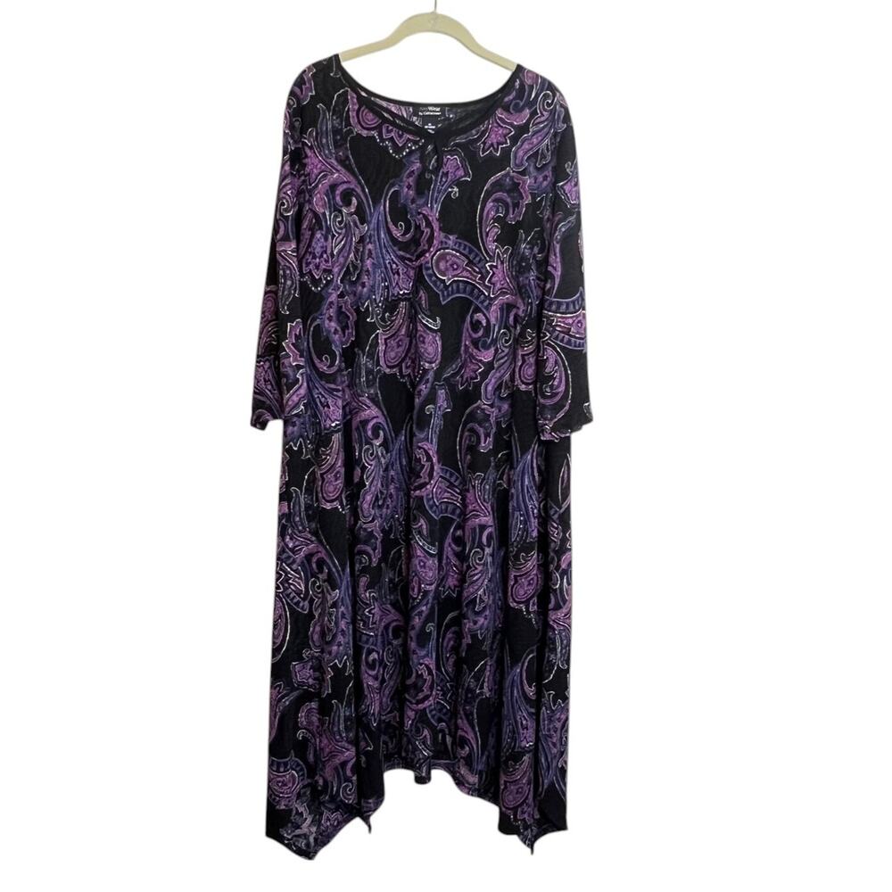 Anywear by Catherines Womens Midi Dress Size 1X Paisley Keyhole Asymmetric Knit